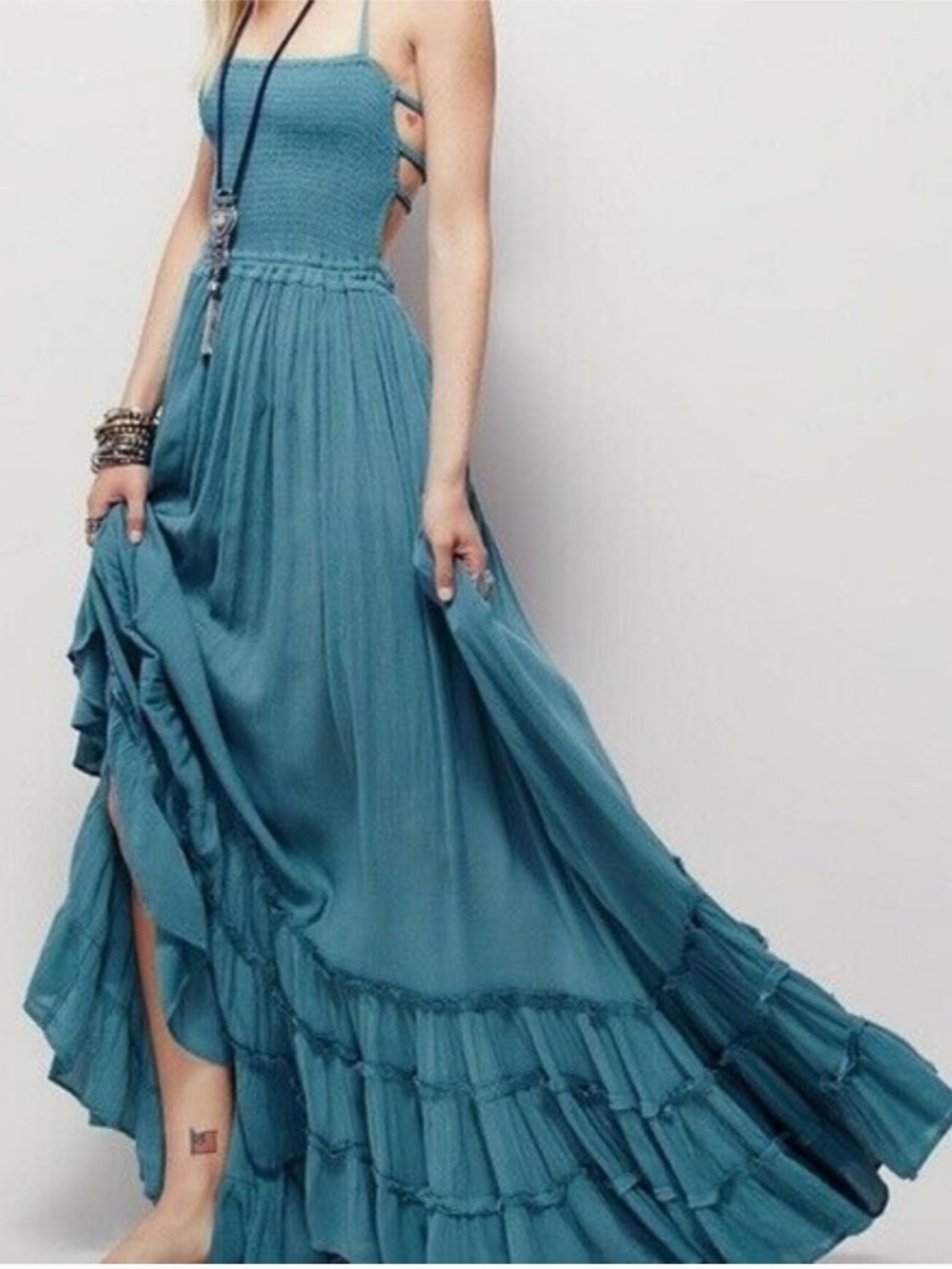 R. Vivimos Sexy Blackless Maxi Dress Tiered Boho Cotton Blend